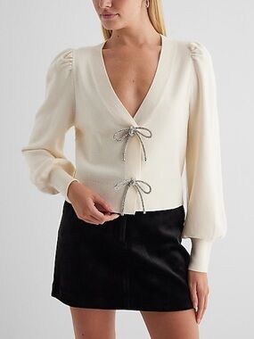 NWT Express V-Neck Embellished Bow Cardigan Medium Cream Holiday Puff Sleeve‎